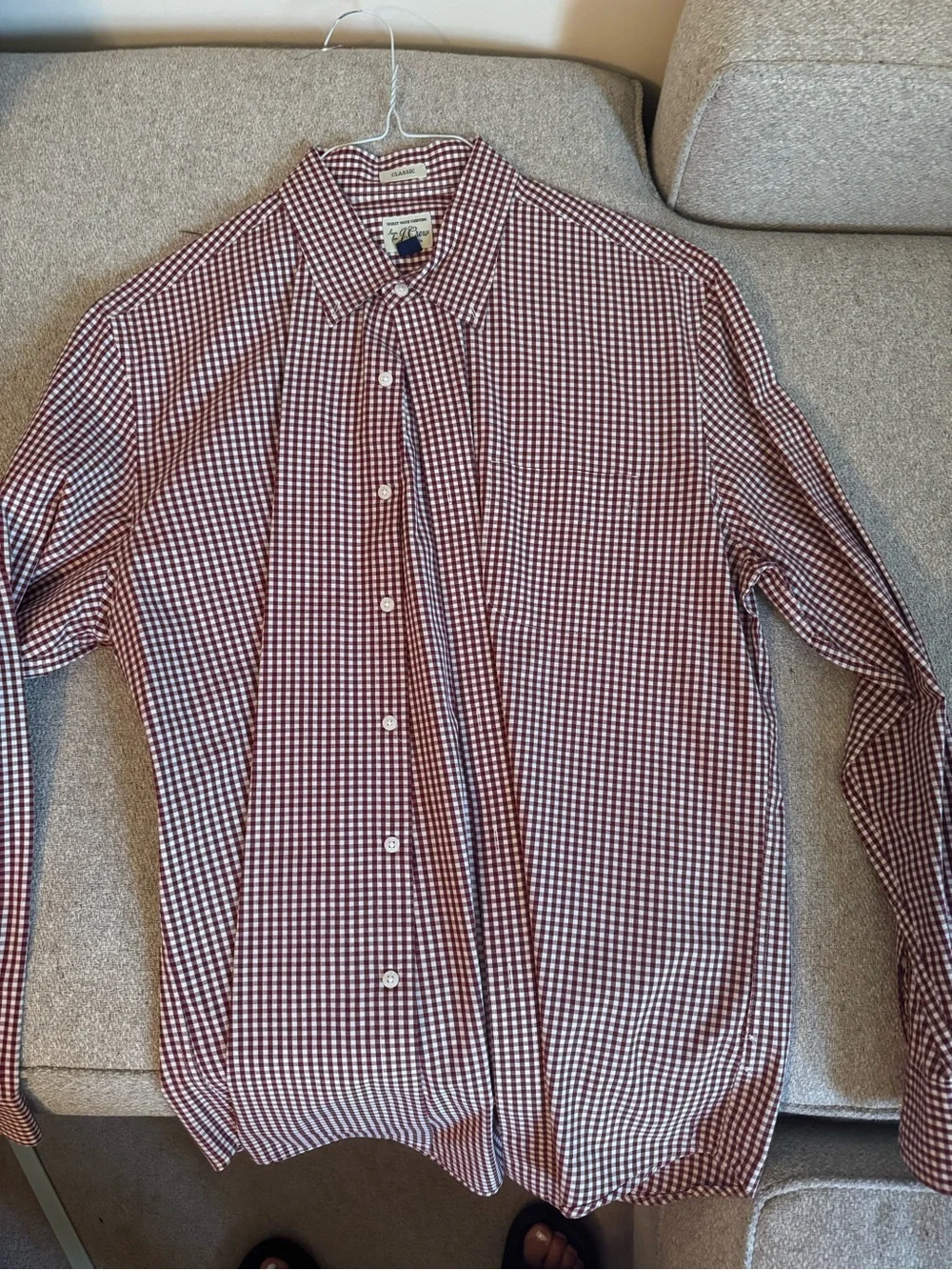 J. Crew Men's Burgundy and White Gingham Dress Shirt